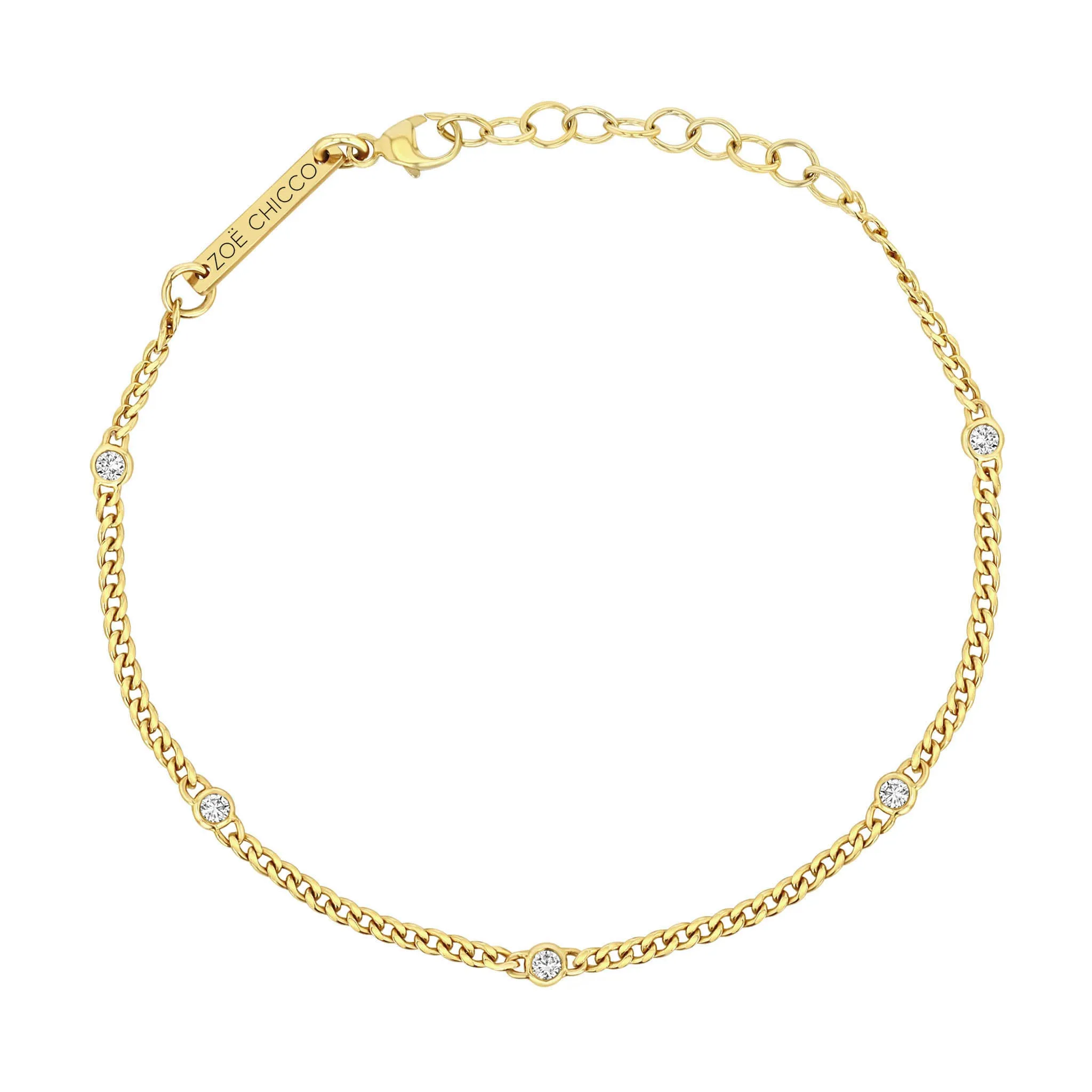 14k Extra Small Curb Chain Bracelet with 5 Floating Diamonds