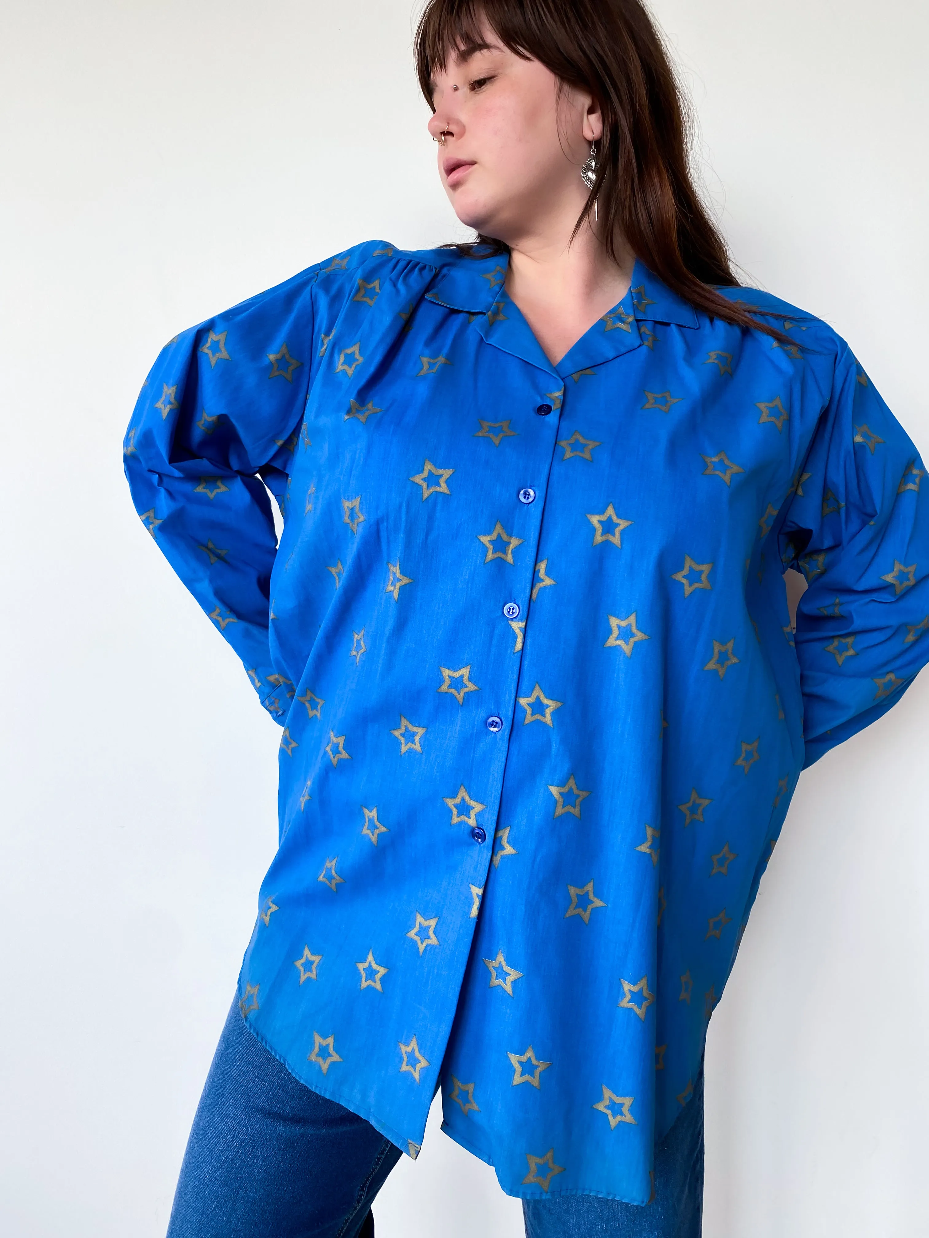 1990s Blue Star Print Button Down, sz. 5X