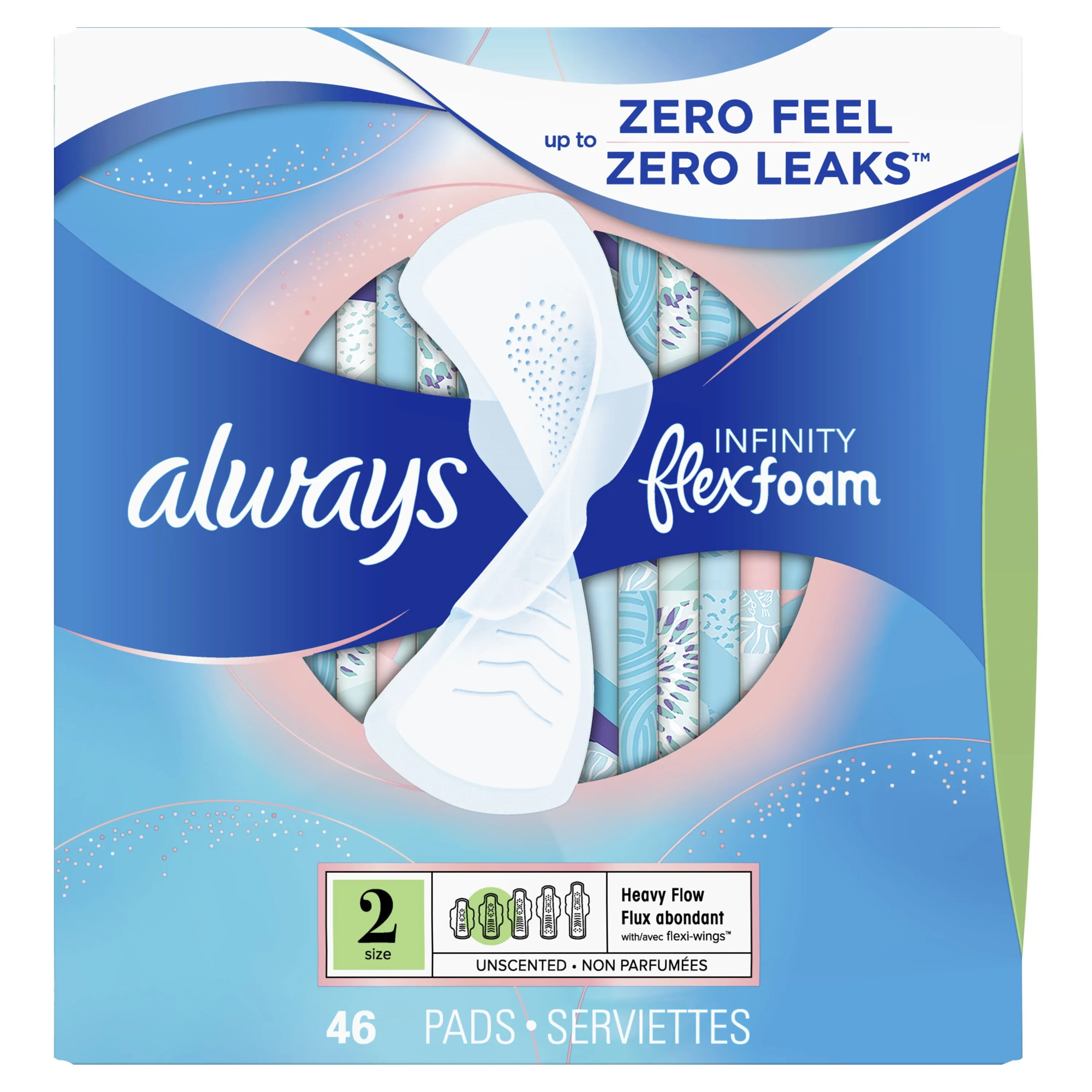 Always Infinity Feminine Pads with wings, Size 2, Heavy Absorbency, unscented, 46 Ct