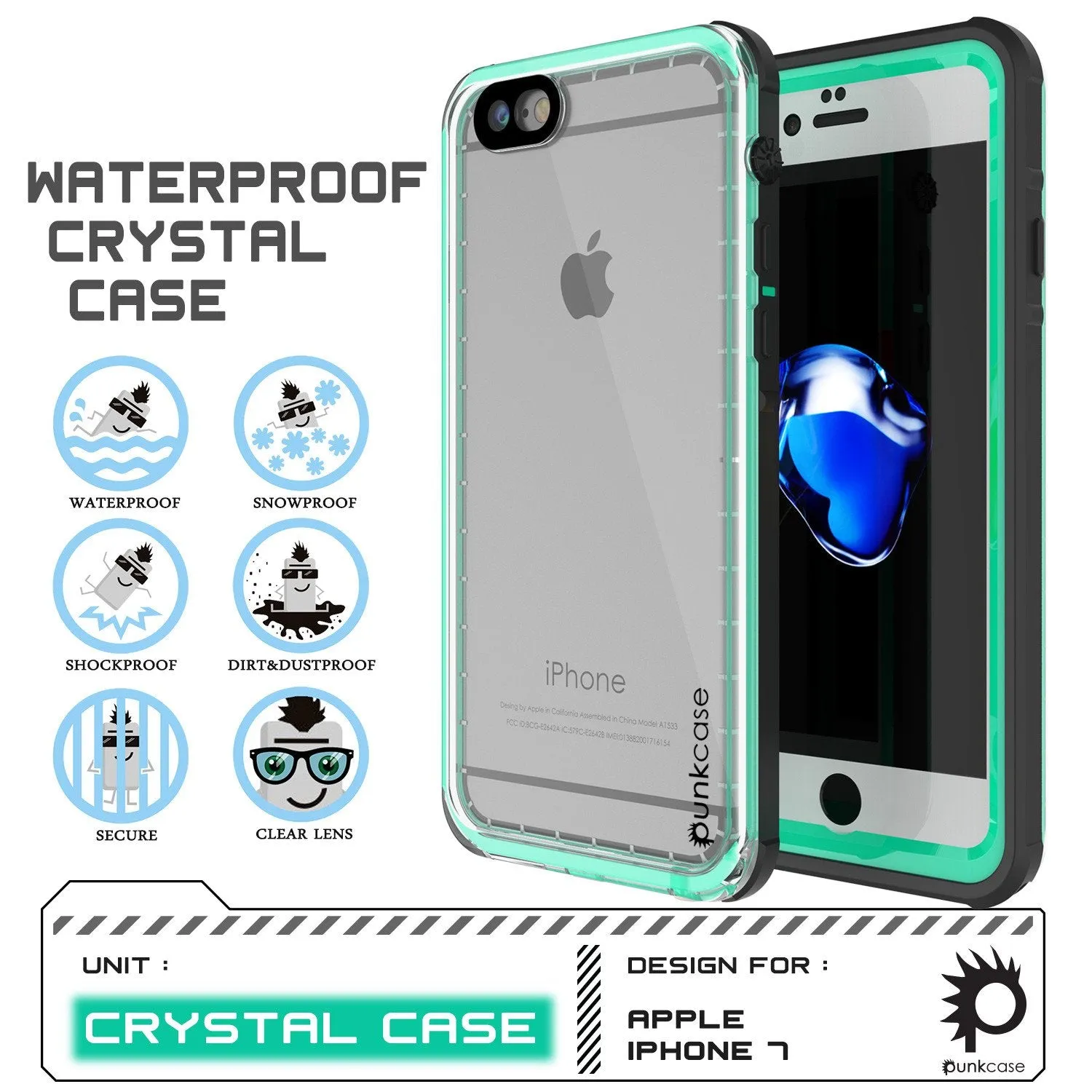 Apple iPhone 8 Waterproof Case, PUNKcase CRYSTAL Teal W/ Attached Screen Protector  | Warranty