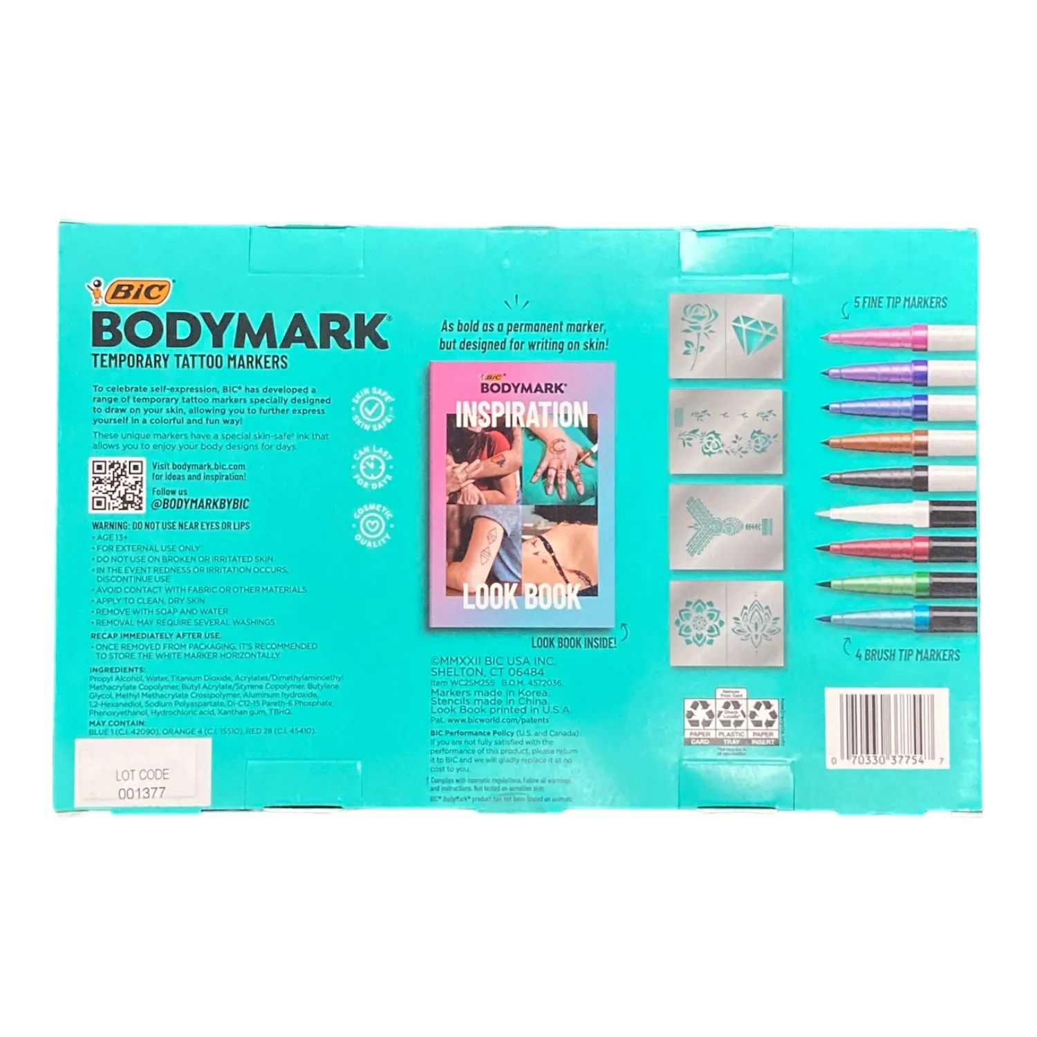 BIC BodyMark Temporary Tattoo Kit: 9 Markers 5 Stencil Sheets Inspiration Book