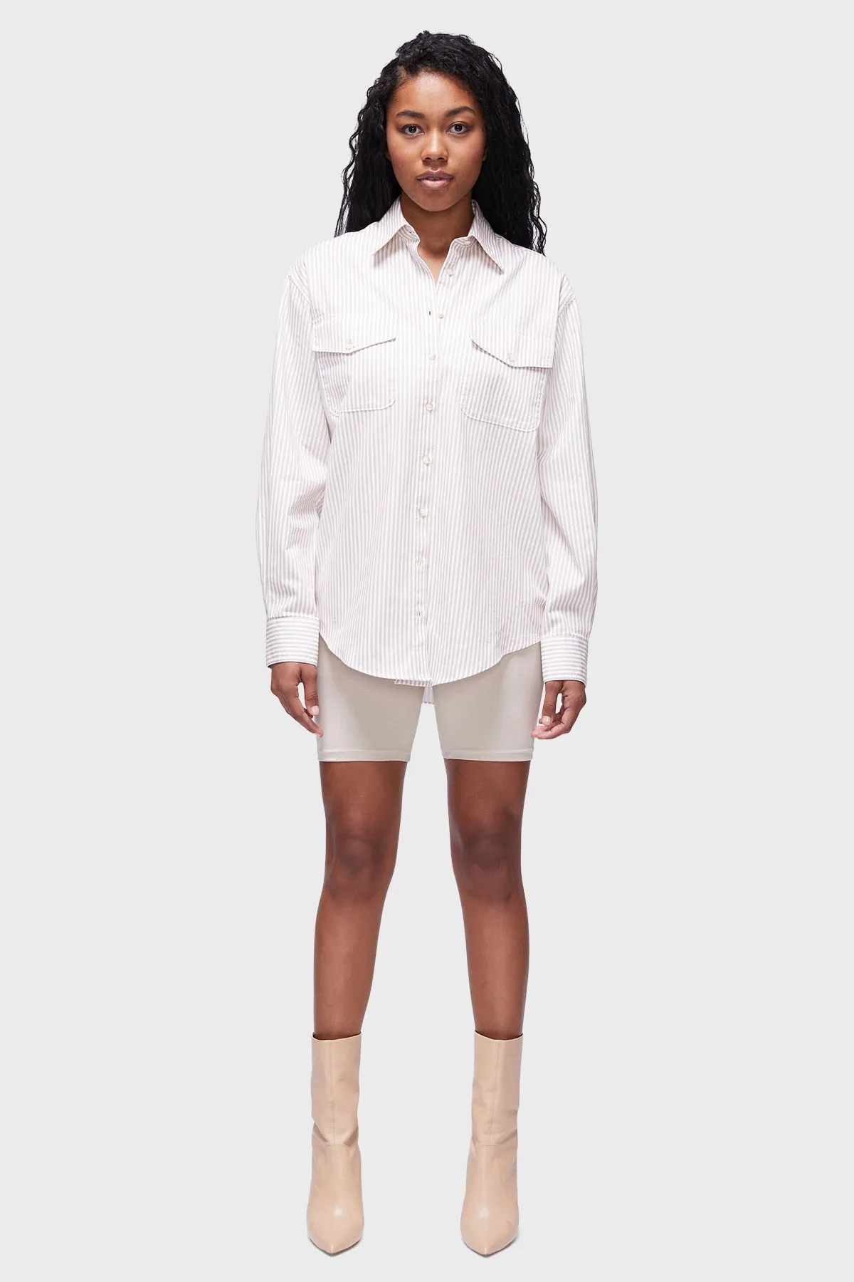 DSTLD 90s Button Down in Khaki White Stripe