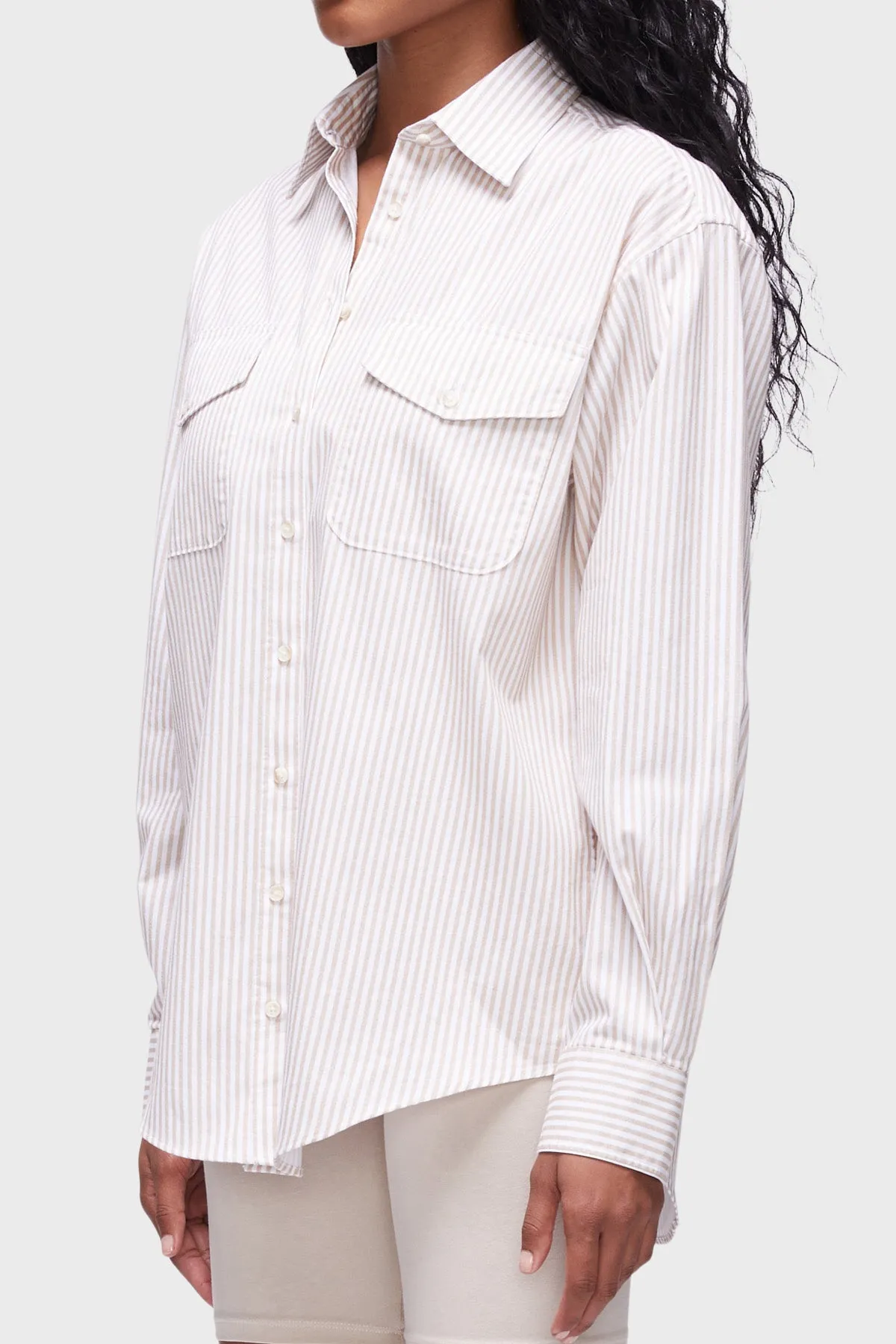 DSTLD 90s Button Down in Khaki White Stripe