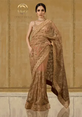 Heavy Embroidered Beige Wedding Party Net Saree