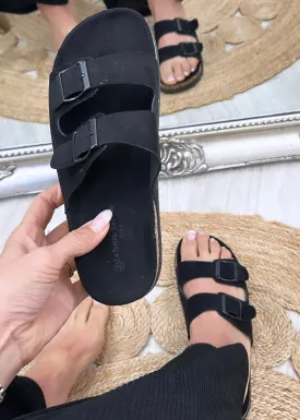 Lizzo Black Buckle Strap Sliders