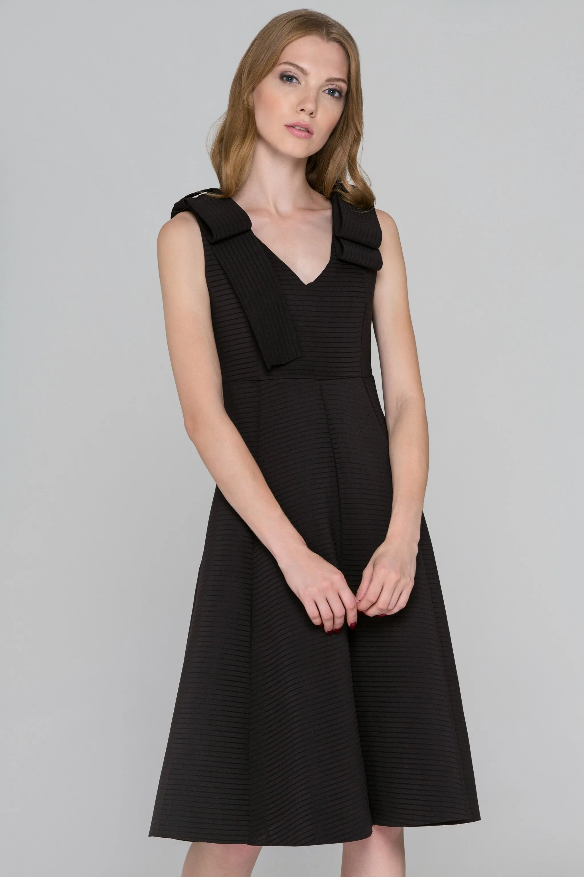 Ribbed Black Bow Princess Midi Dress