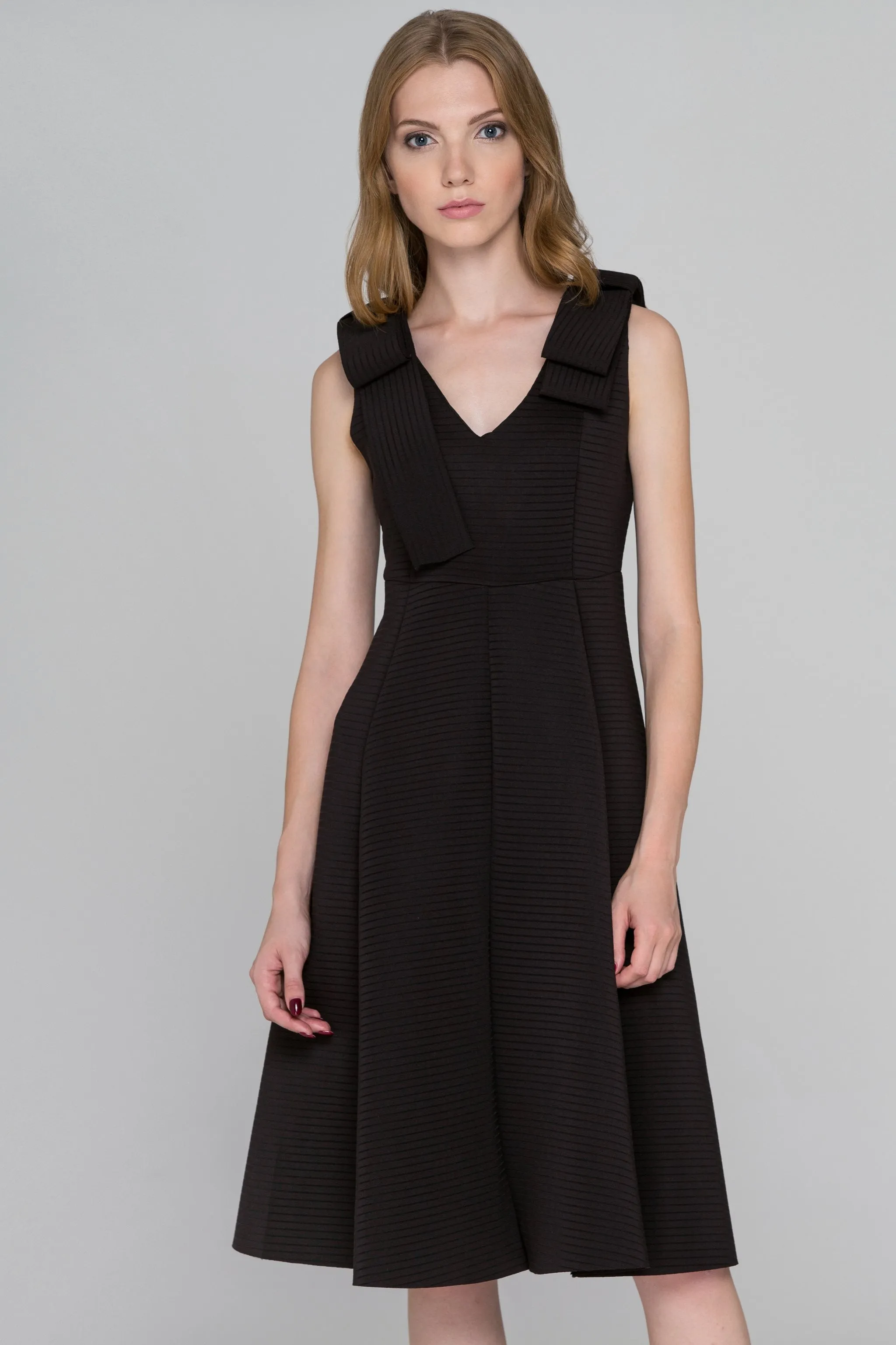 Ribbed Black Bow Princess Midi Dress