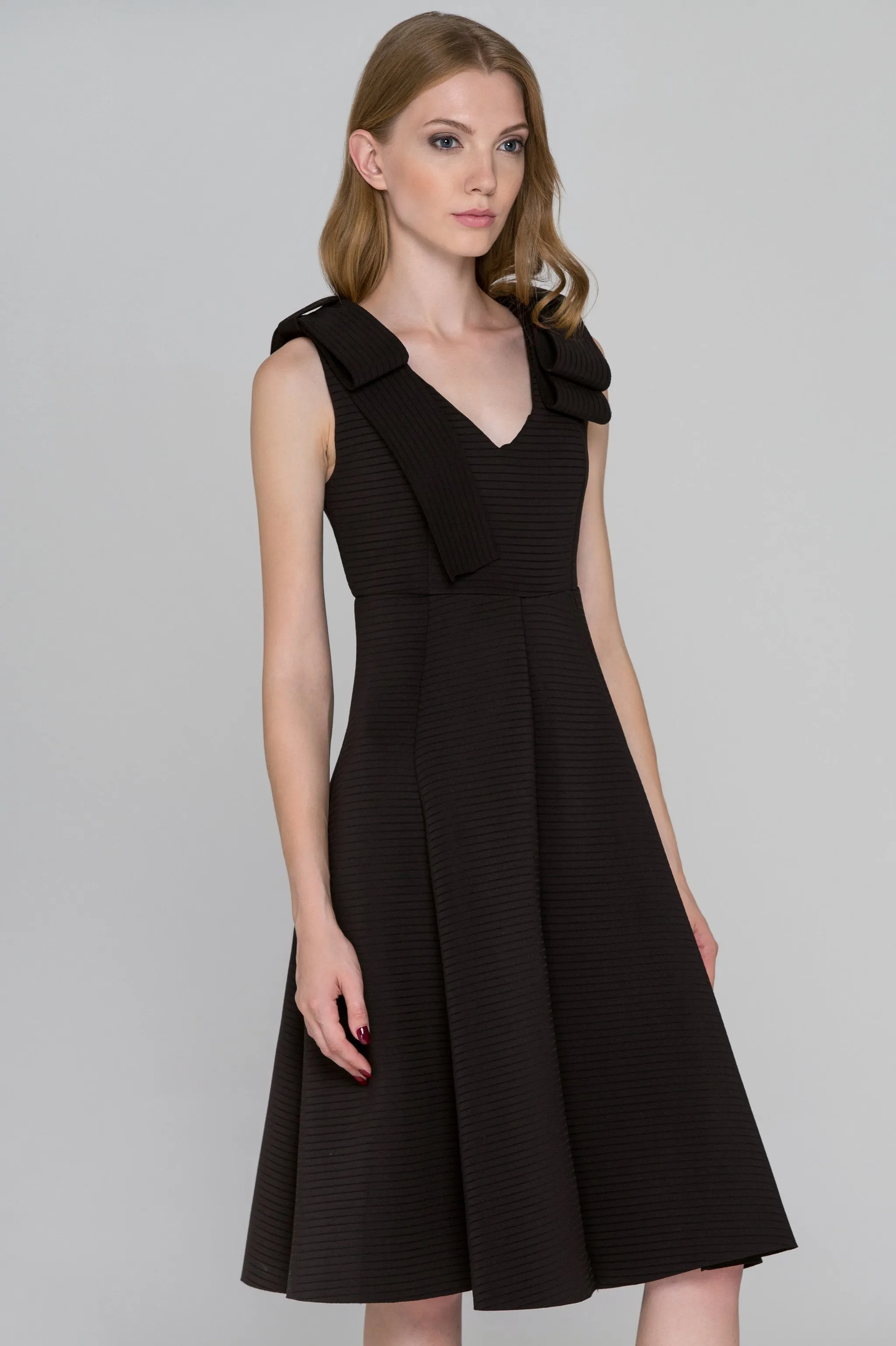 Ribbed Black Bow Princess Midi Dress