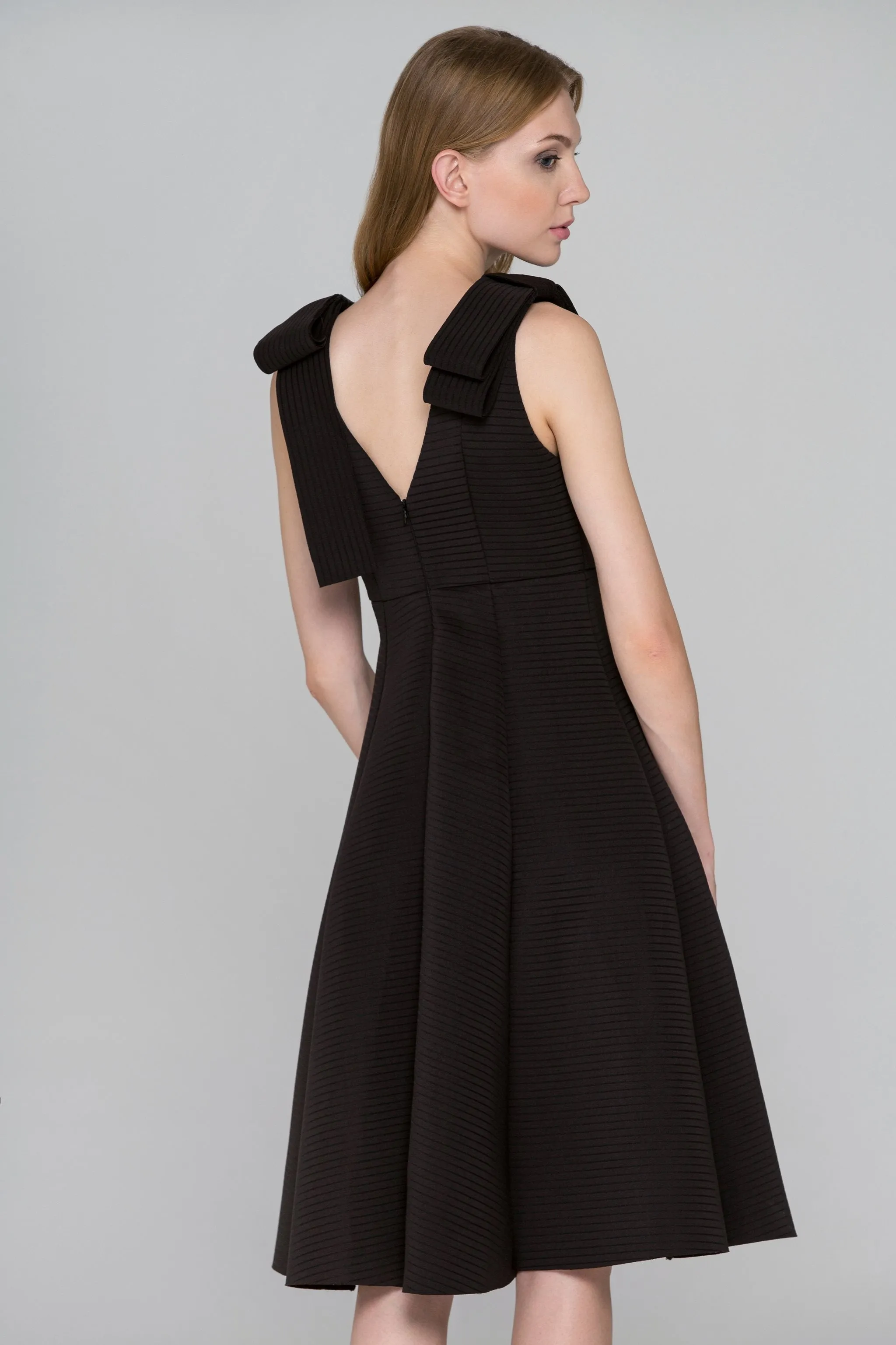 Ribbed Black Bow Princess Midi Dress