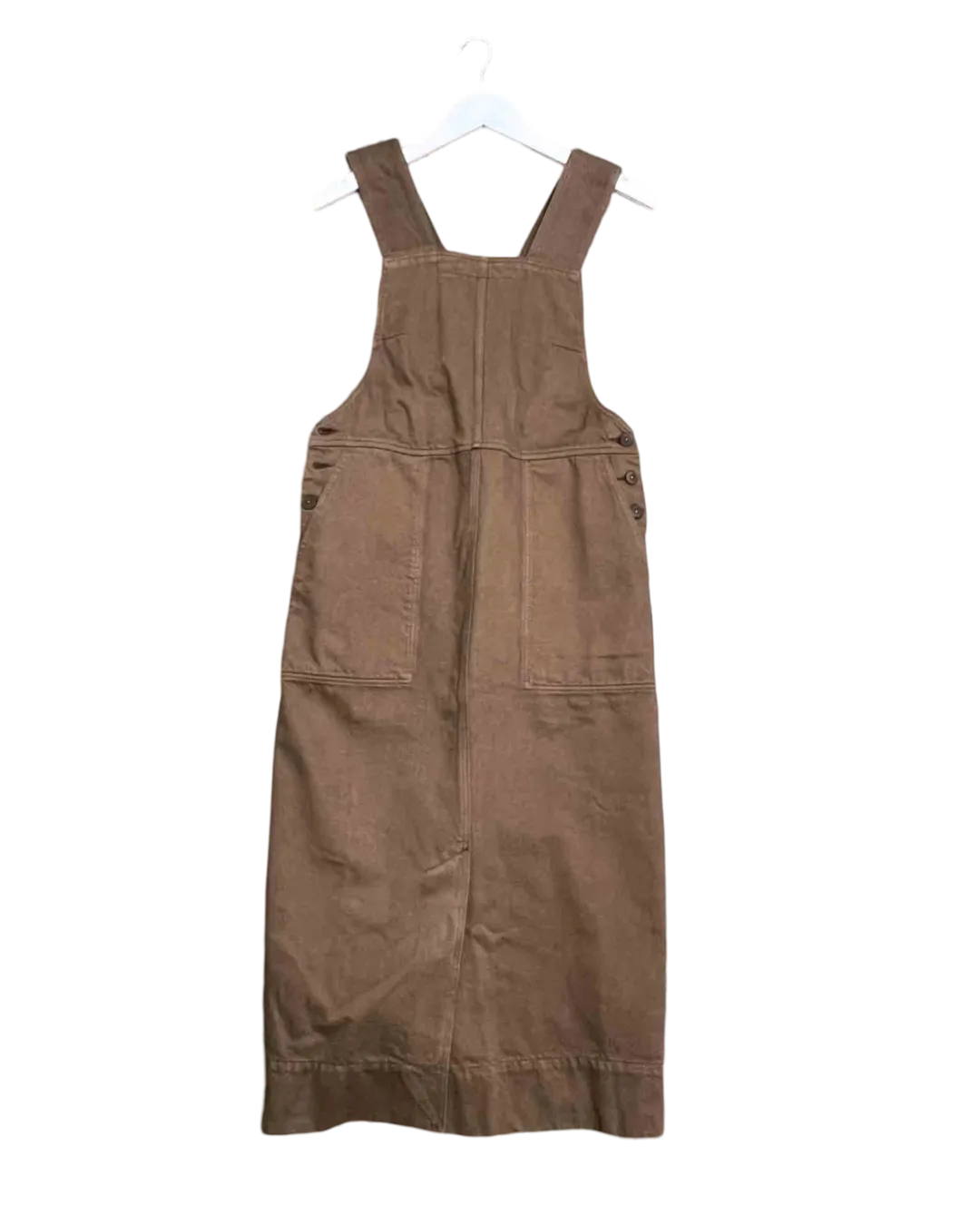 Size 8 - Toast Brown Side Button Organic Denim Pinafore Midi Dress