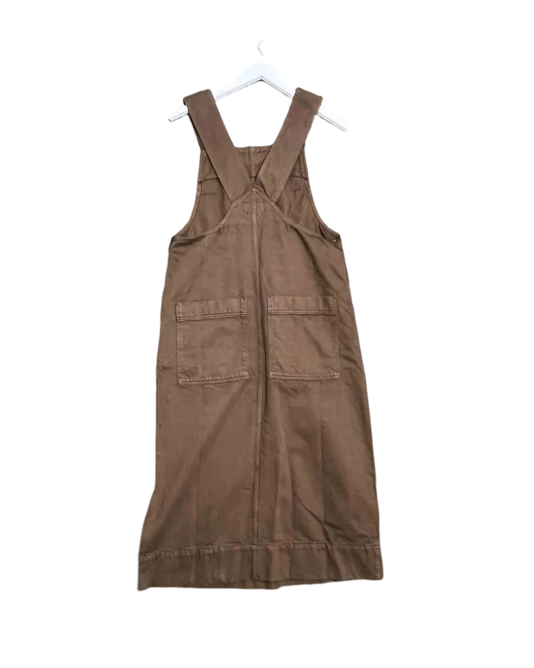 Size 8 - Toast Brown Side Button Organic Denim Pinafore Midi Dress