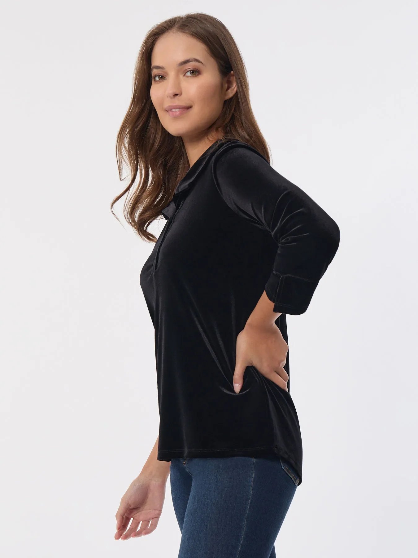 Velour Pop-Over Collar Top